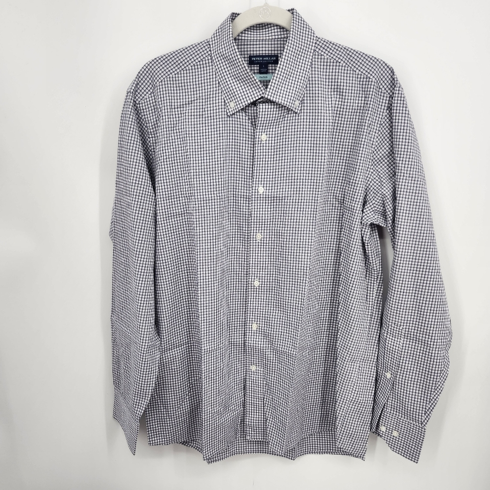 PETER MILLAR COLLECTION FLEX FINISH BLUE WHITE PLAID CHECK BUTTON UP SHIRT SZ L